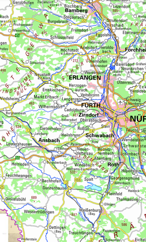 Karte von Oettingen bis Bamberg